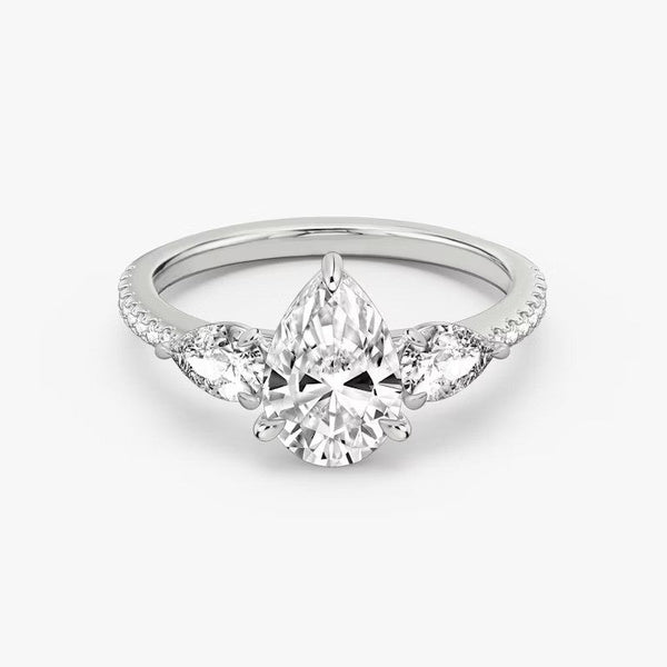 Three Stone Pear Pavé Lab Diamond Engagement Ring