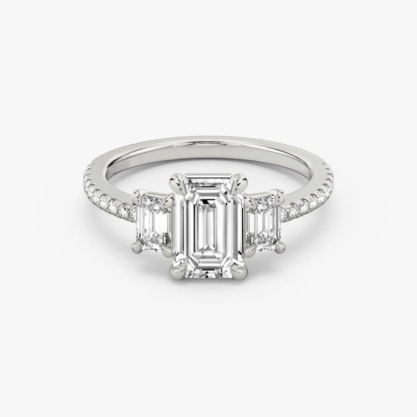 Three Stone Emerald Pavé Lab Diamond Engagement Ring