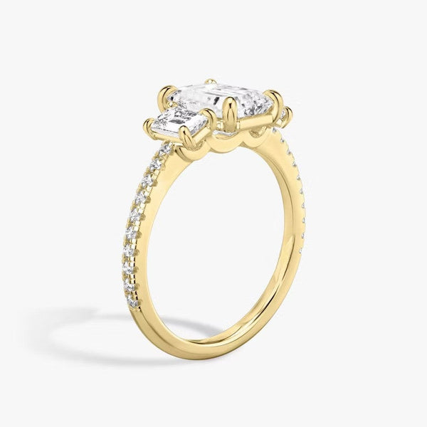 Three Stone Emerald Pavé Lab Diamond Engagement Ring